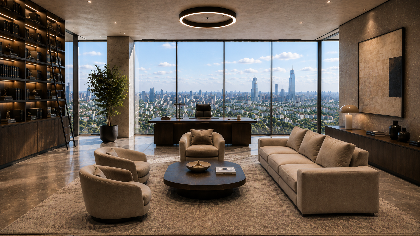 Architectural boardroom with walnut table under warm pendant light