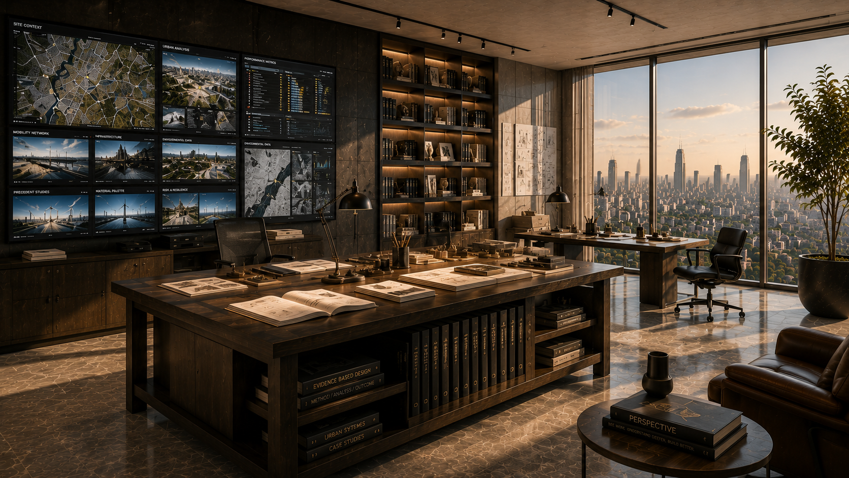 Executive evidence-synthesis chamber with warm cove lighting and correlation display