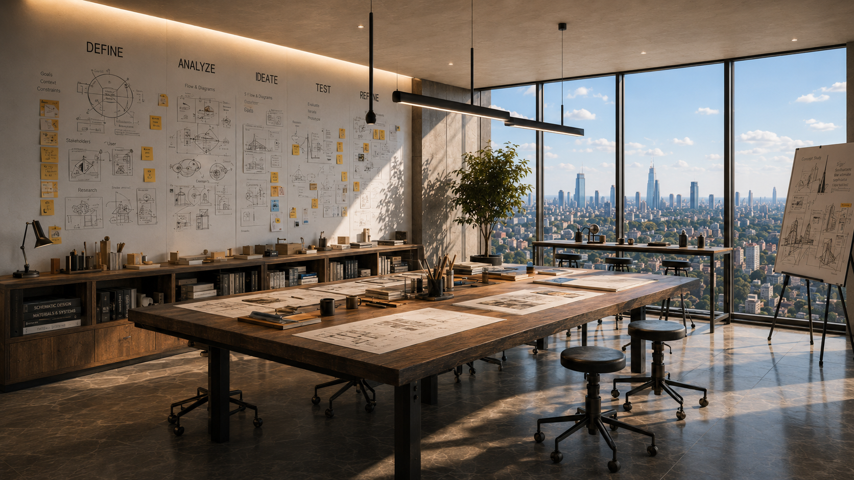 Cinematic executive library with walnut table, engraved method verbs and skyline