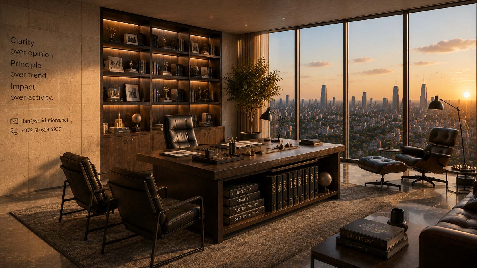 SOLID SOLUTIONS lounge — contact wall with skyline view